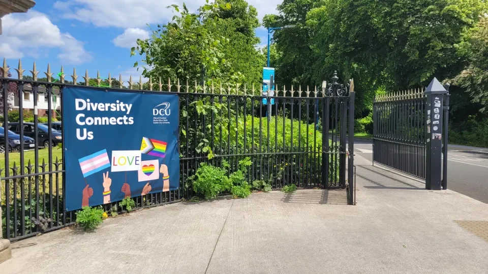 Diversity Connects Us banner at the entrance to DCU Glasnevin campus in support of Pride month
