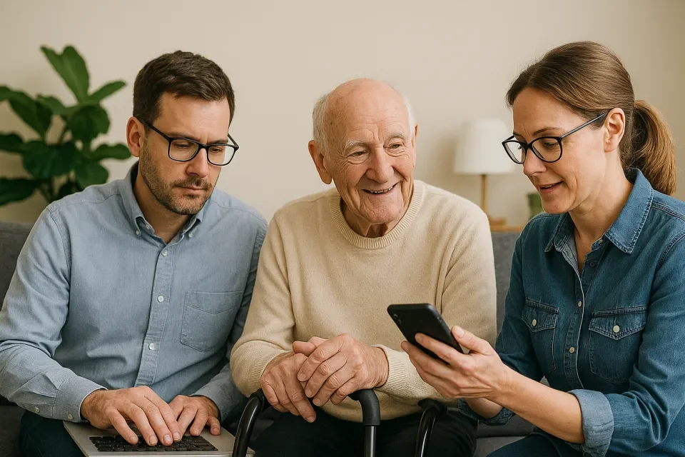 A couple helping an older person