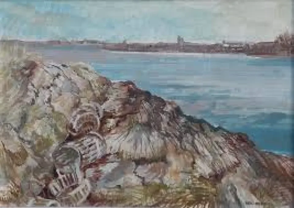 Painting of lobster pots alongside the coast
