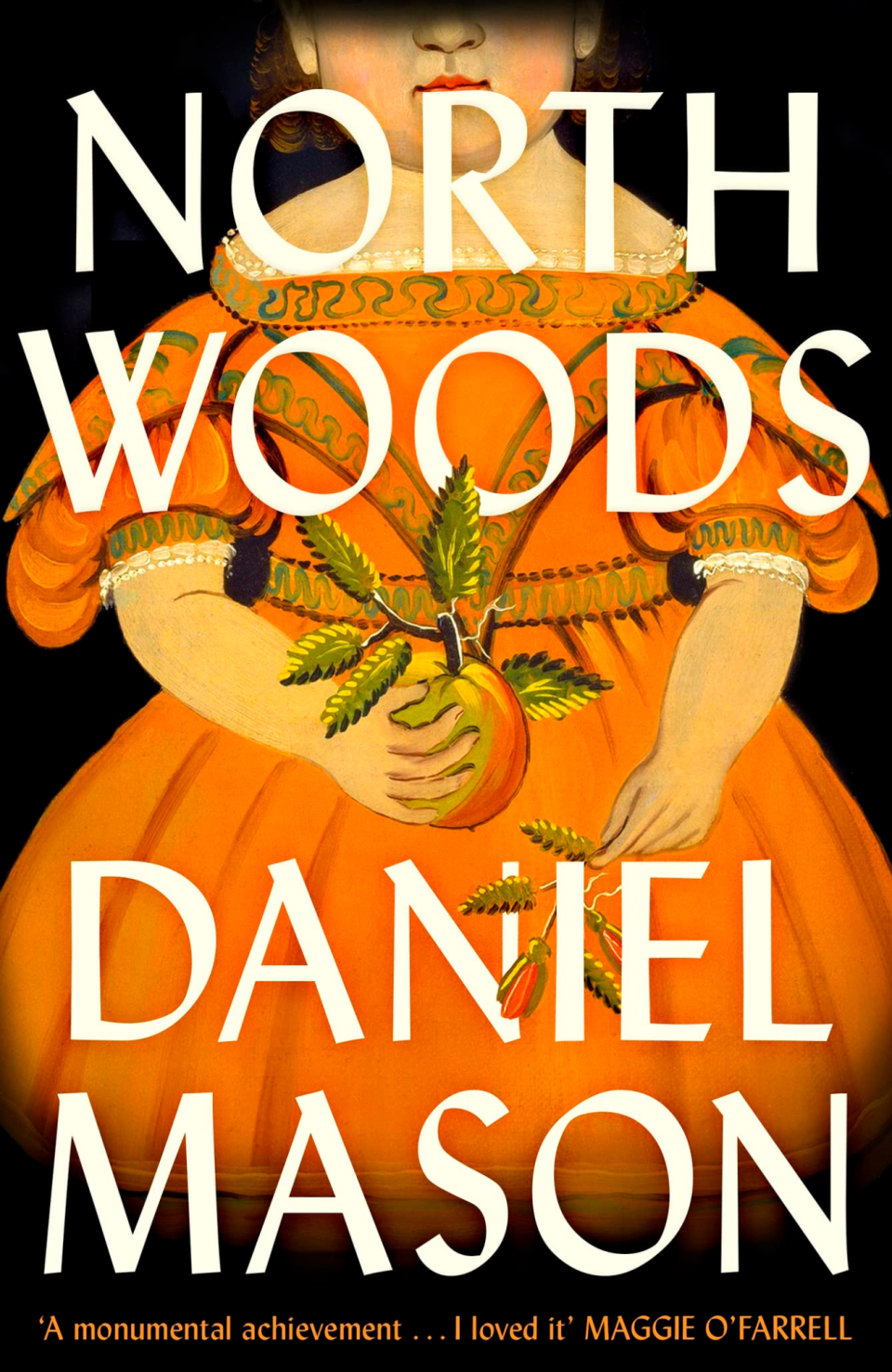 Cover art for North Woods by Daniel Mason featuring a cropped image of a doll holding flowers