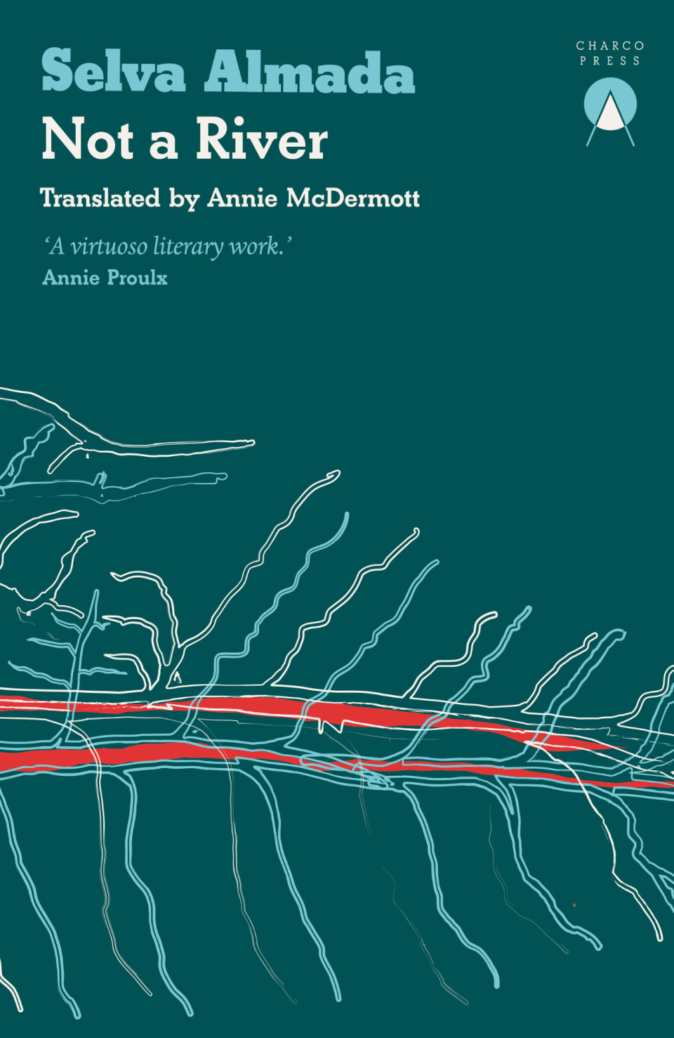 Cover of the book Not a River by Selva Almeda featuring an illustration of tributaries feeding into a river