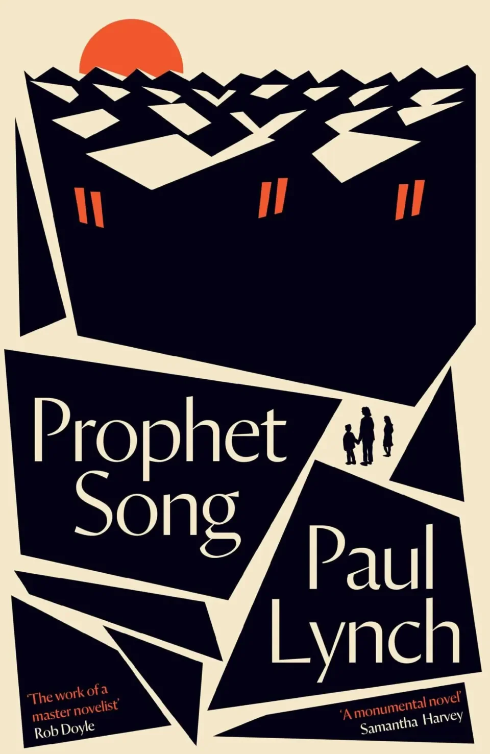 Cover of the book Prophet Song by Paul Lynch featuring an illustration of houses with red windows