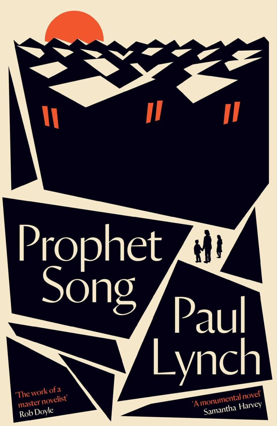 Cover of the book Prophet Song by Paul Lynch featuring an illustration of houses with red windows