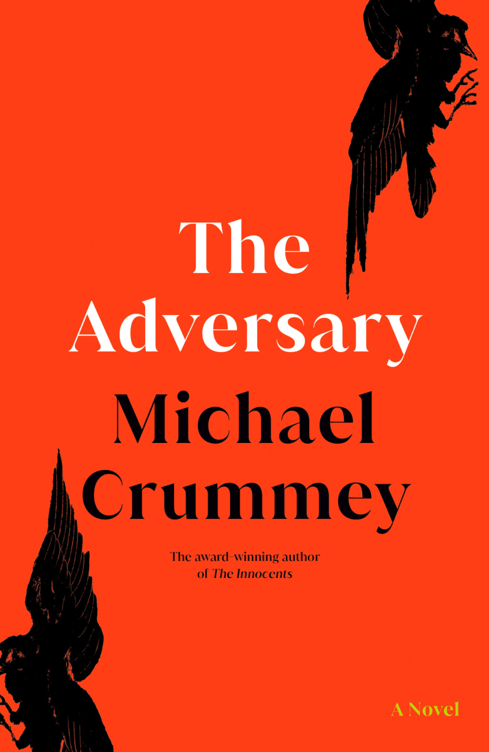 Cover of the Adversary by Michael Crummey featuring black figures on a red background