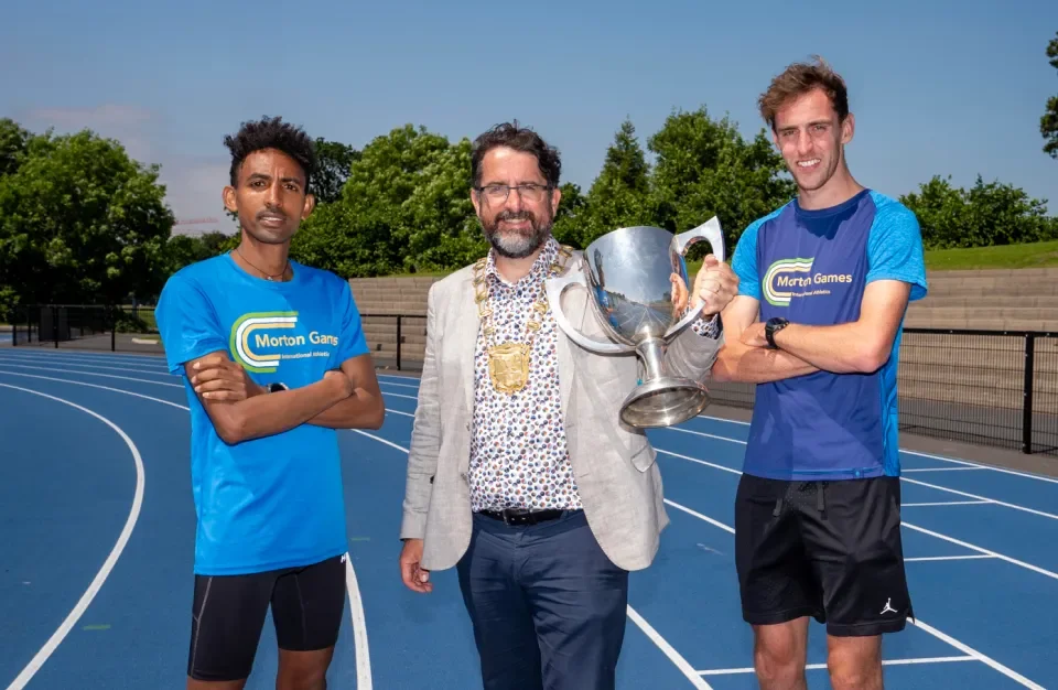 Mayor of Fingal Cllr. Brian McDonagh launching Morton Games with athletes Efrem Gidey(Left) and Cathal Doyle(Right)
