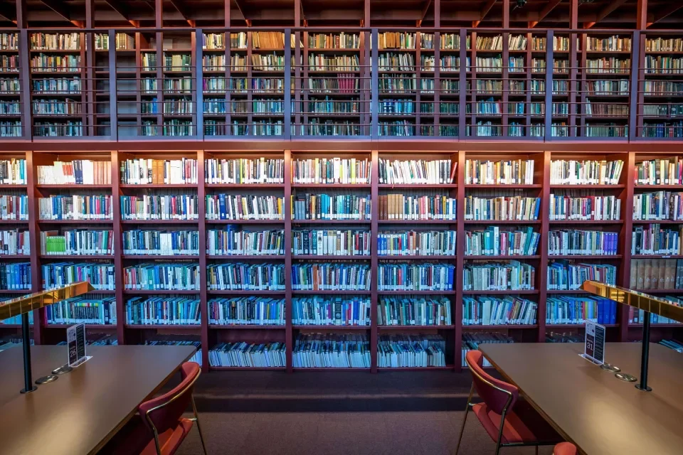 Shelves of books in Woodlock Hall Library