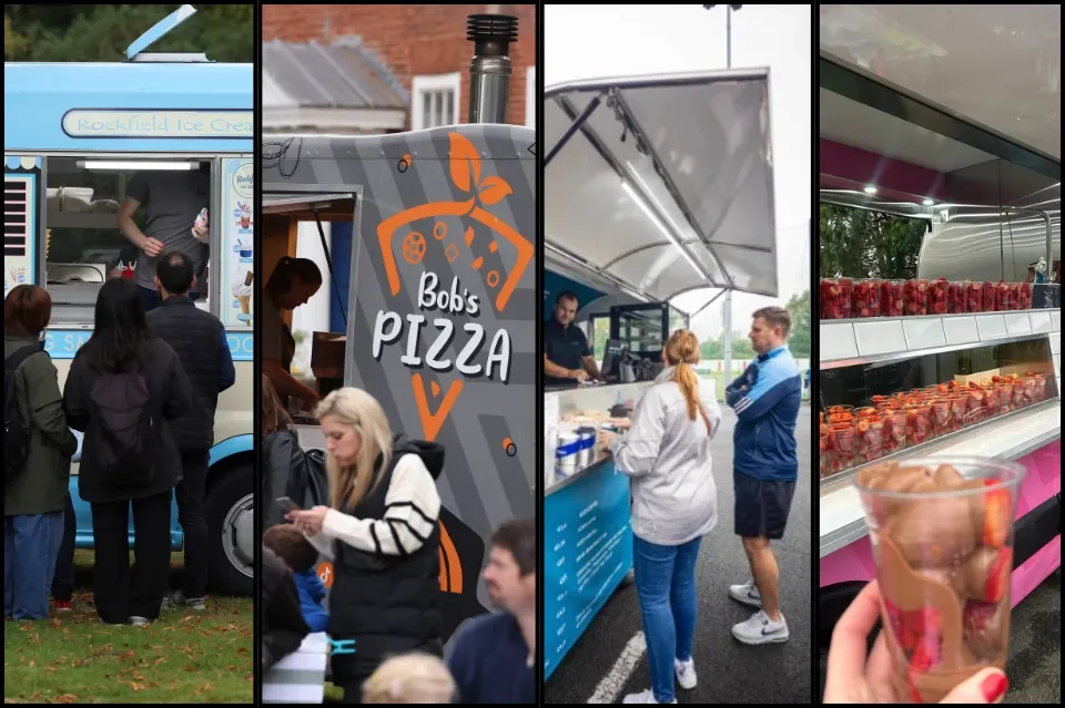 four images: Ice cream van, chocolate dipped strawberries, burger van & pizza van
