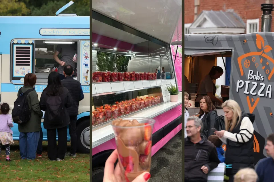 Three images: Ice cream van, chocolate dipped strawberries & pizza van