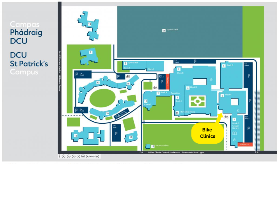 Map of SPC campus indicating the bike clinic location in the Undercroft area at Block F