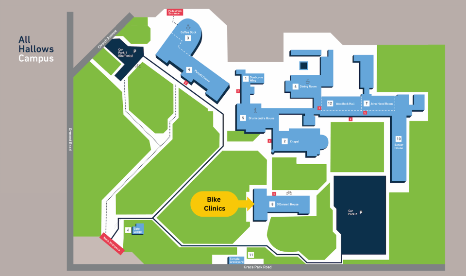 Map of All Hallows campus indicating the bike clinic location in the foyer of O'Donnell House