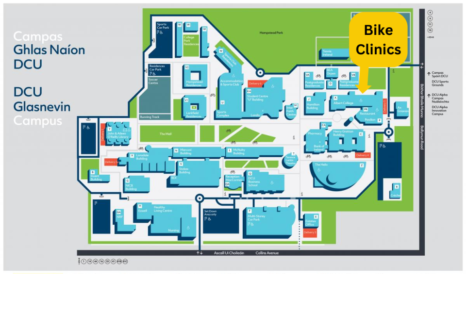 Map of GLA campus indicating the bike clinic location at the Foyer of AG00