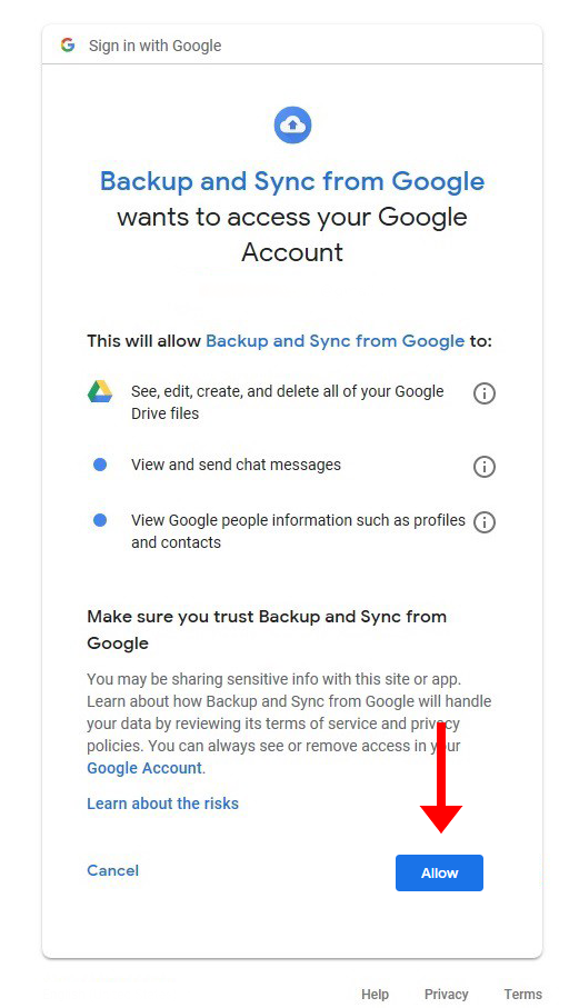 Give backup and sync access to your account