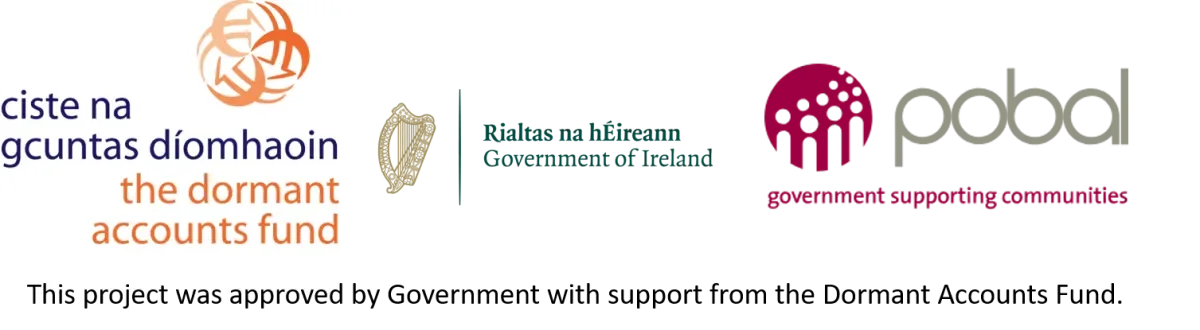 Logos for Dormant Accounts fund, Government of Ireland and Pobal