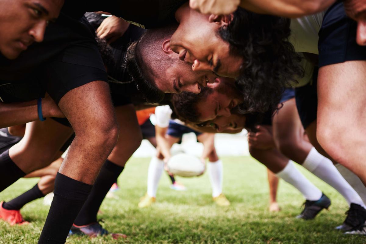 Shows scrumhalf putting ball into scrum with front row players in foreground
