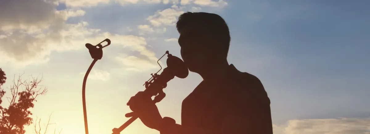 Shows silhouette of man speaking into microphone
