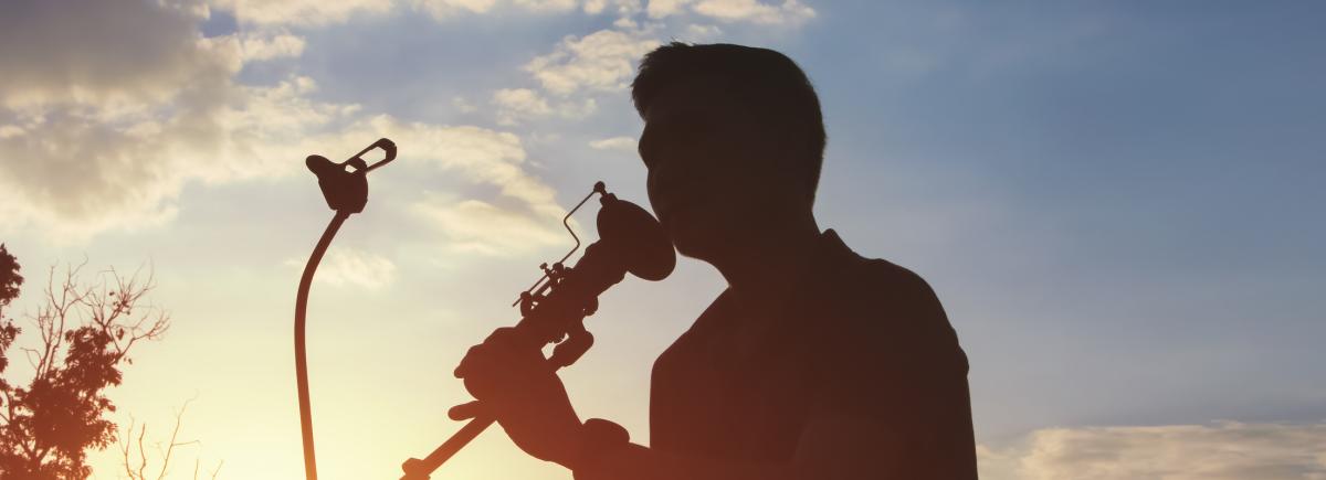 Shows silhouette of man speaking into microphone