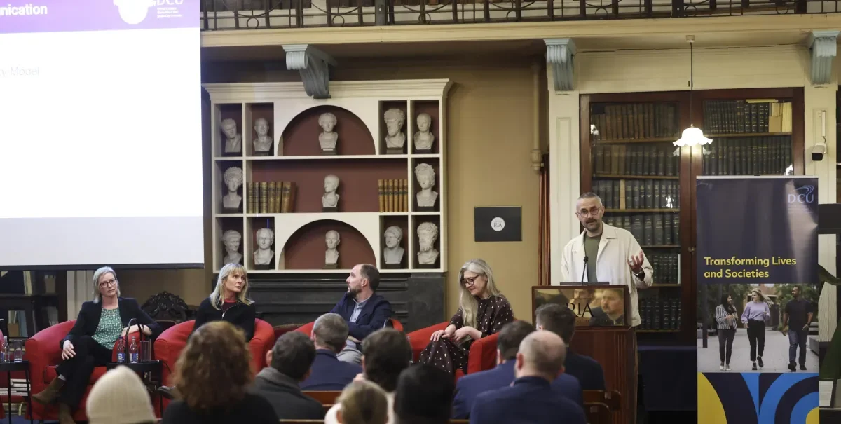 Shows Dr Patrick Cadwell at the podium at the first DCU futurology event