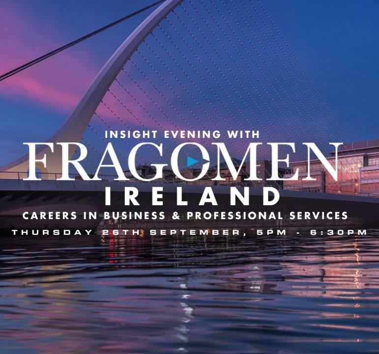 This is a graphic with promoting the Fragomen graduate event for students based in all of Ireland with the date and time of the event. The graphic depicts the Samuel Beckett Bridge which is in walking distance to Fragomen's Dublin office.