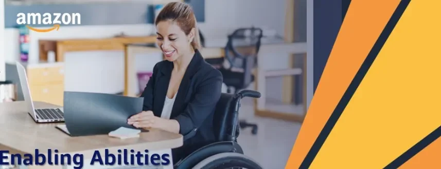 Amazon logo with women sat at desk in a wheelchair working