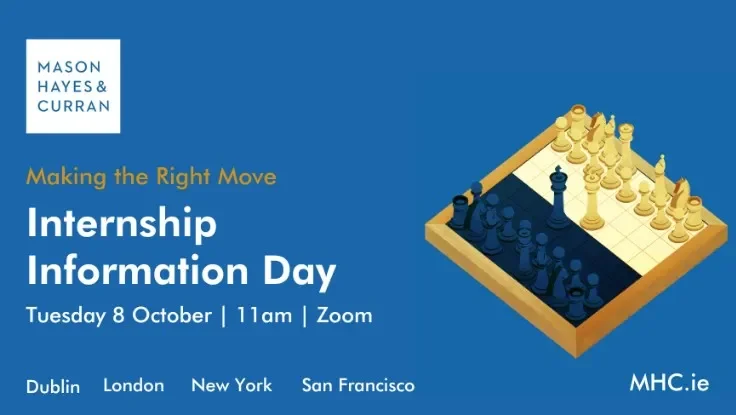 White text on blue background. Text reads "Making the right move: Internship Information Day" along with the date and time of the event (Tuesday 8 October at 11:00am via Zoom). There is also a picture of a chess board.