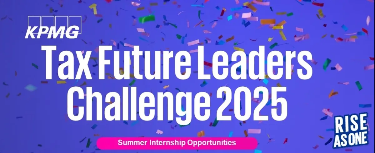 Purple banner stating 'KPMG Future Tax Leaders Challenge 2025' with coloured confetti in the background.