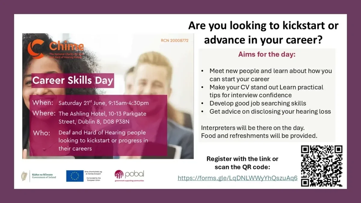 Marron coloured poster with information about Chime's Explore Mentoring Programme Career Skills Day event on 21st June on LHS. Poster shows aims of the day and QR code and registration link on RHS. ISL interpreters will be there on the day.