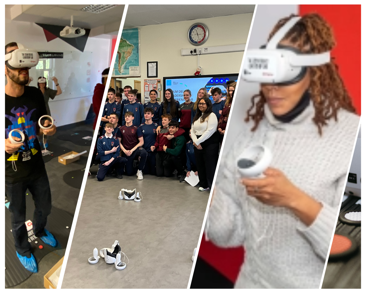 A collage of a person wearing virtual reality goggles