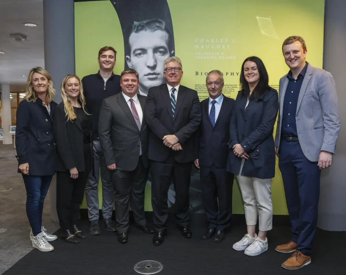 President Daire Keogh pictured with members of the Haughey family at the opening of the exhibition