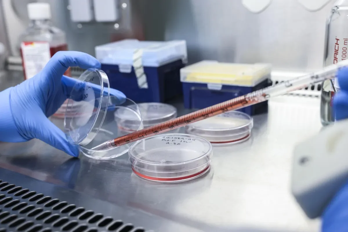 Close up shot of gloved hands performing science experiment