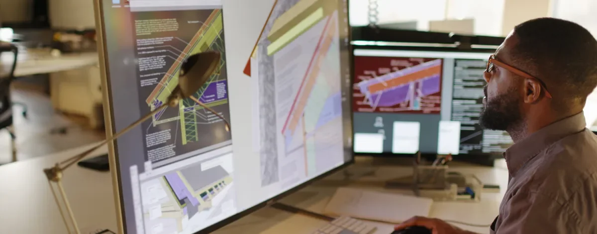 Shows man working at computer