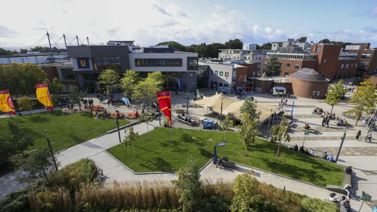 An overhead image of the DCU campus on a sunny day