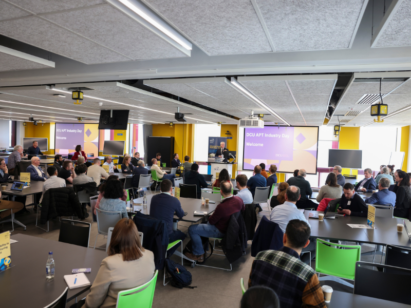 Shows Prof Daire Keogh addressing the crowd at a recent DCU APT event