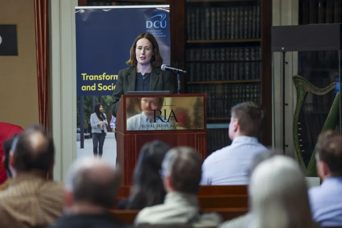 Shows Dr Ashling Bourke speaking at a DCU Futurology event at the Royal Irish Academy