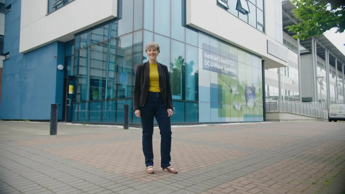 Shows Dr Susan Hegarty outside the Water Institute on the Glasnevin campus