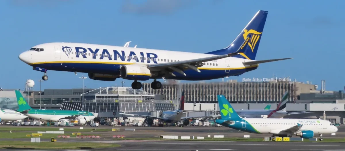 Shows Ryanair plane taking off from Dublin airport
