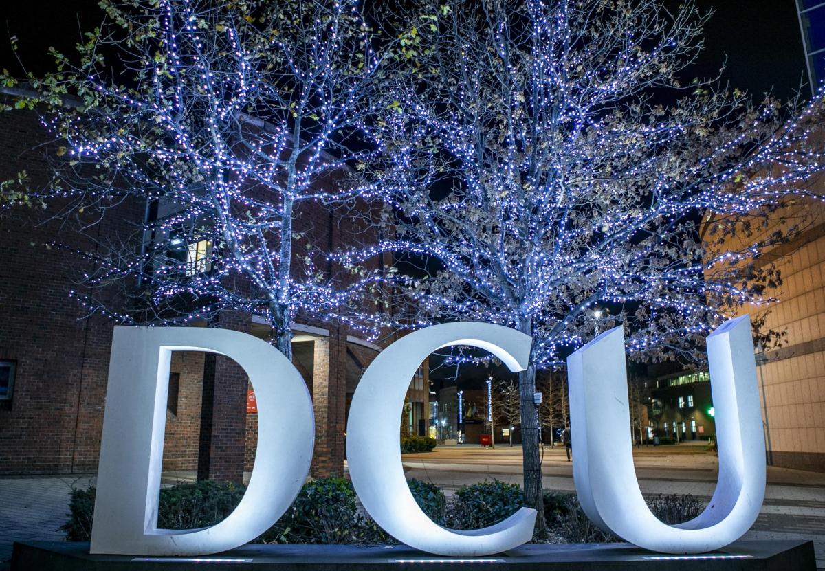 Christmas lights at DCU sign