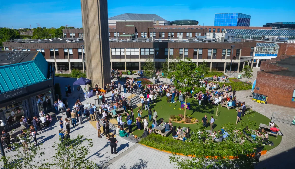View of staff gathering on Restaurant Green