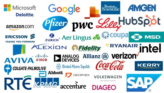 A picture comprised of many different logos of international corporations, including Google, Intel, Accenture, PWC and more.