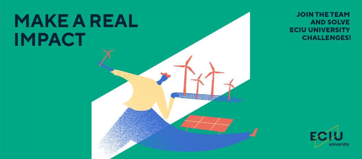 A promotional graphic for the ECIU challenges, featuring an abstract drawing of a person balancing wind turbines and solar panels.