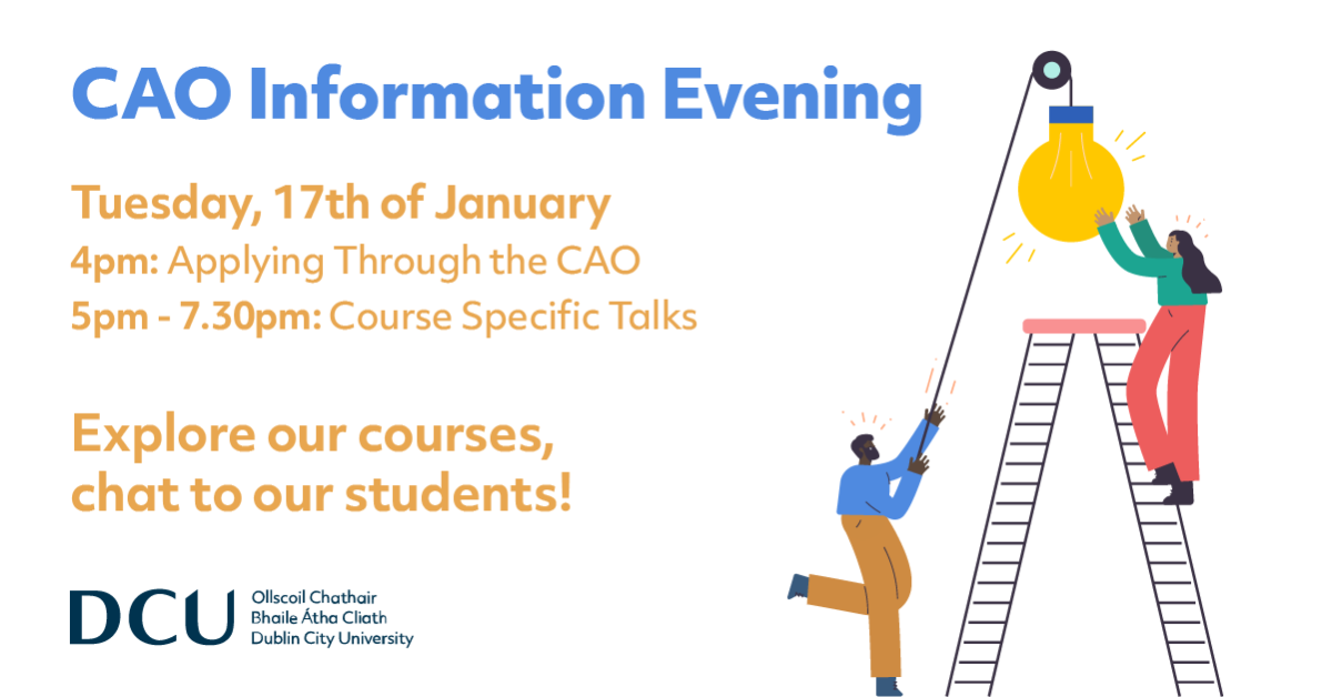 This graphic is advertising the CAO Information Evening, with text describing the date and time of the event. On the right, two cartoon people are working together to screw in a lightbulb.