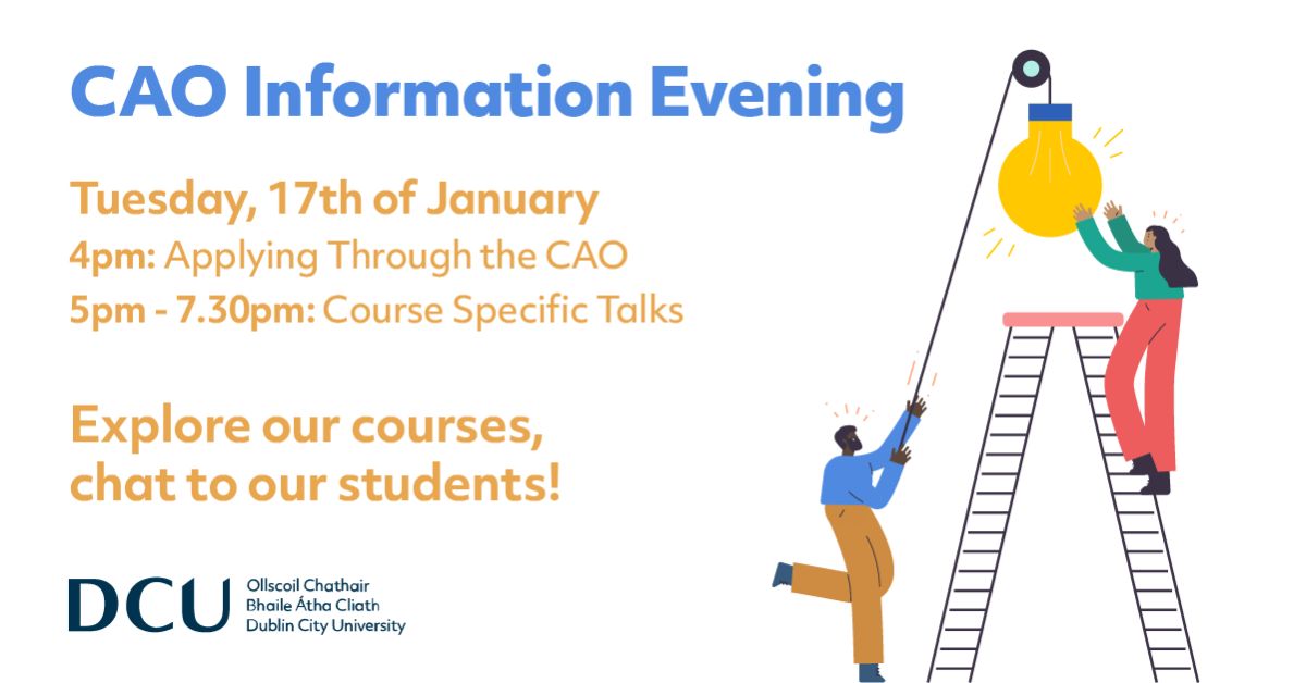 This graphic is advertising the CAO Information Evening, with text describing the date and time of the event. On the right, two cartoon people are working together to screw in a lightbulb. 