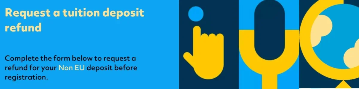 graphic banner with a hand pointing, a michrophone and a globe with text requesting for refunds