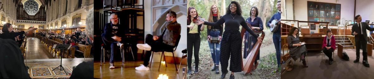 Selection of 4 pictures including audience in a church, two mes chatting side by side, musicians performing in a forrest & three people presenting in library