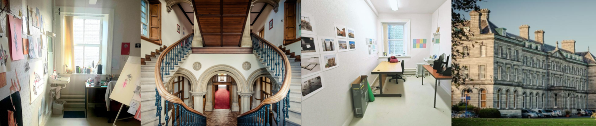 Four images of DCU. Two of small artists studios, one of a grand staircase and one of the outside of All Hallows Building - a large grey building