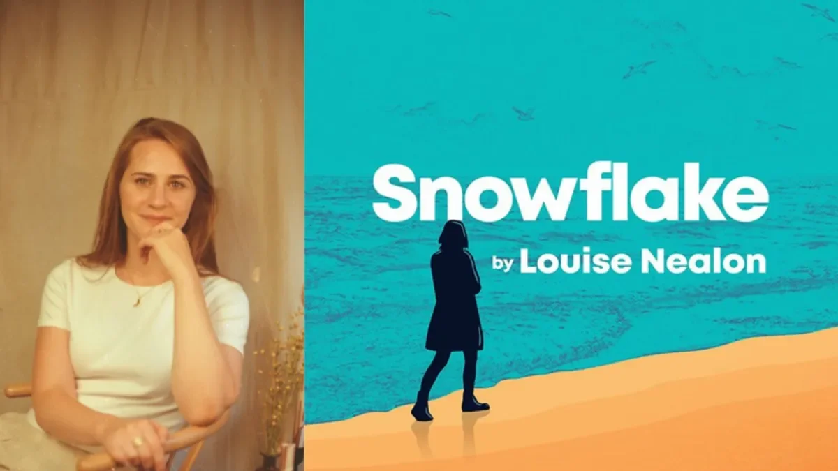 Picture of Author Louise Nealon beside an image of the book cover for Snowflake
