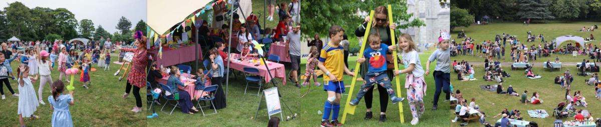 Selection of images from DCU Festival including green areas, people dancing and children racing