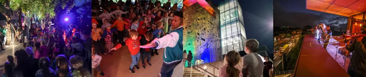 Selection of images from DCU Culture Night including colorful lights and performers