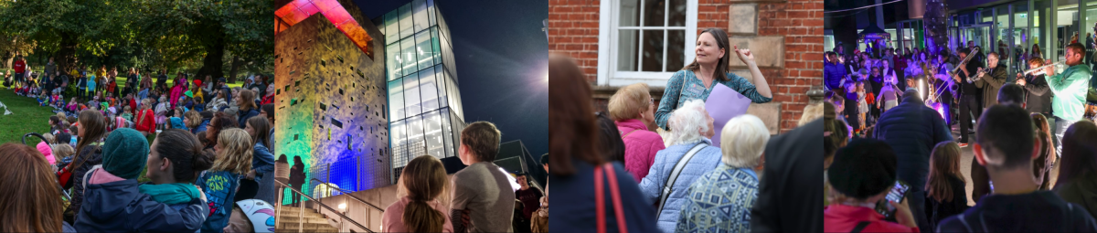 Selection of images from Culture Night 2023. Crowds of children and adults, Building lit up with colourful lights, Tour guide talking and live brass band playing to an audience