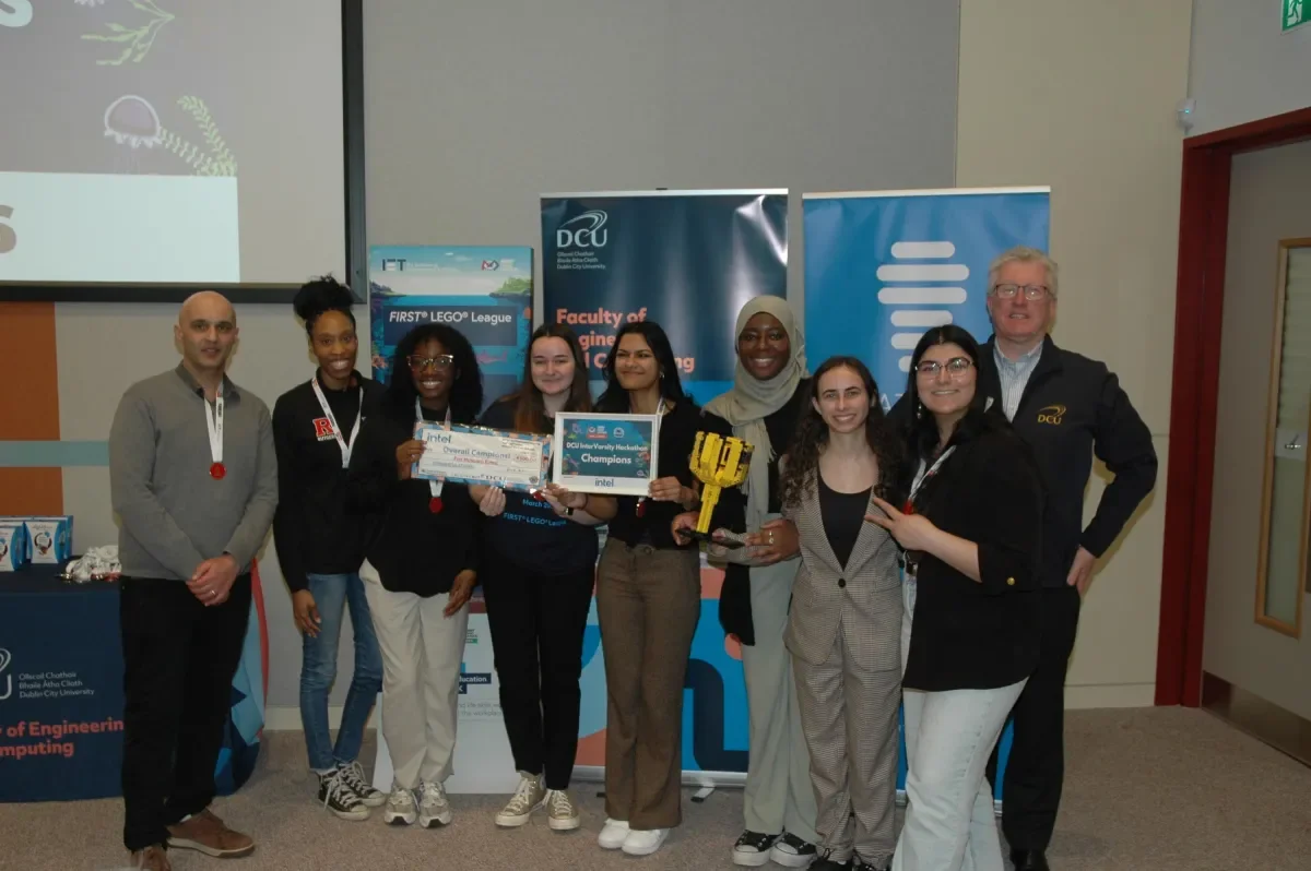 Team Steminists with Stefano Selitto (Intel) and DCU president Daire Keogh