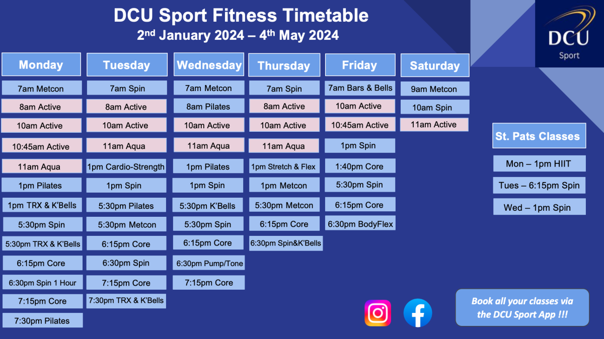 DCU Sport Fitness Timetable - Jan 2nd - May 4th 2024